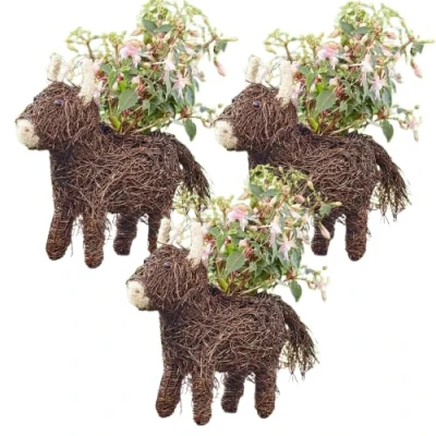 Image of Garden Mile® Animal Themed Flower Planters Novelty Rattan Straw Plant Pots Shelley Sheep and Scottie Dog Decor with a Purpose Lawn Patio (3, Highland Cow)