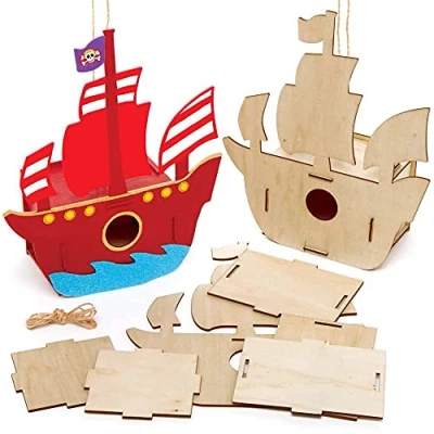 Image of Baker Ross FE357 Pirate Ship Wooden Bird House Kits Pack of 2, Woodcraft Activities to Paint and Decorate for Kids Arts Crafts or Garden Projects