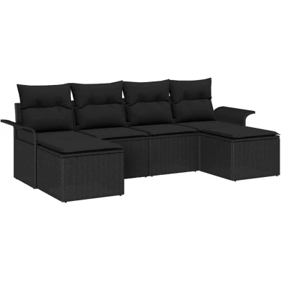 Image of vidaXL 6 Piece Garden Sofa Set with Cushions Black Poly Rattan