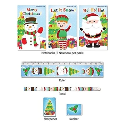 Image of 5 Piece Stationery Set Pencil, Sharpener, Rubber, Ruler, Notepad (Christmas)
