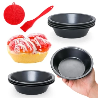 Image of Quyimy 8 Pack Individual Pie Dishes Tart Tins, 12 cm Round Tins Quiche Tin Non Stick Carbon Steel Baking Dish for Oven with Oil Brush&amp;Silicone Scrubber