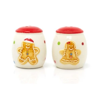 Image of Christmas Gingerbread Salt &amp; Pepper Shakers White Ceramic and Pots Xmas Cruet Set
