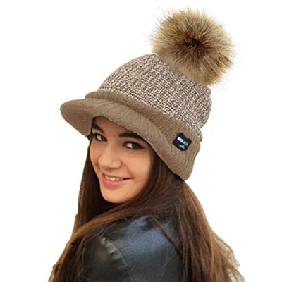 Image of RockJock Ladies Warm Fleece Lined Knitted Peaked Beanie Baseball Cap with Detachable Faux Fur Pompom wear or Without Camel