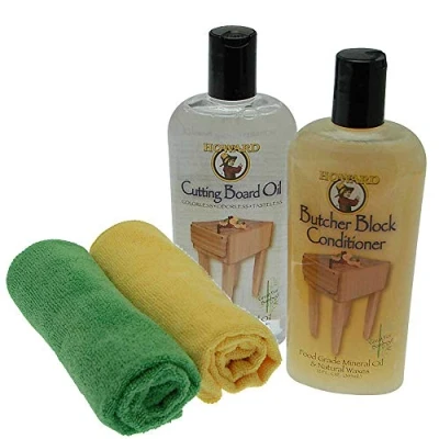Image of Howard Cutting Board Oil &amp; Butcher Block Conditioner (355ml) with Cloths For use on Blocks, Bread Boards, Chopping Boards and Wooden Kitchen Tools