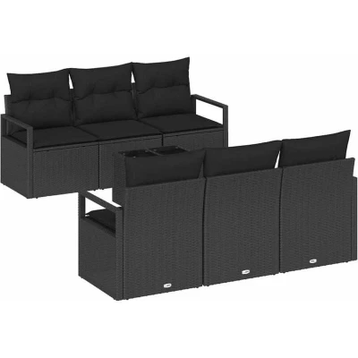 Image of vidaXL 7 Piece Garden Sofa Set with Cushions Black Poly Rattan