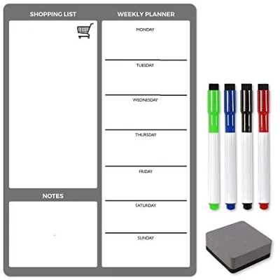 Image of TMS Whiteboard Planner Fridge Magnet 42 x 30cm Magnetic Weekly Planner, Dry Wipe Memo Board, Daily Calendar + Shopping List for Notes, Meal Prep, Reminders or to Do Erase Markers (Grey A3)