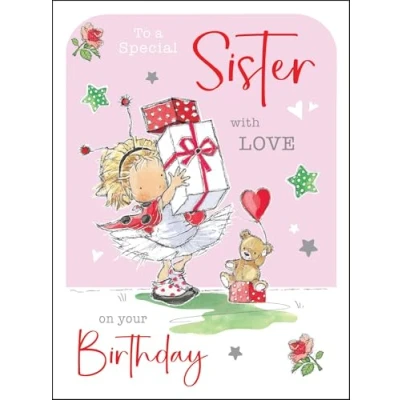 Image of Jonny Javelin Special Sister Birthday Card Happy with Girl and Teddy Bear Design Foil Flitter Details for Girls