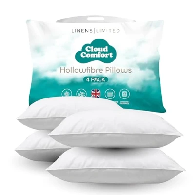 Image of Linens Limited Soft Pillows 4 Pack, Cloud Comfort, and Firm with Orthopedic Support, Non Allergenic Polycotton Polyester Hollowfibre, Machine Washable (White)