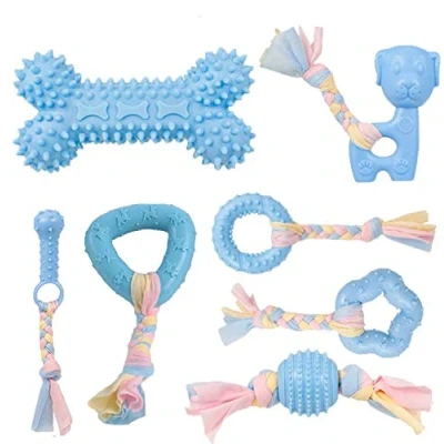 Image of CAMITER Dog Chew Toys, 7pcs Puppies Teething Chewing Toy Set with Ball and colorful Ropes, Interactive Pet Toys for Small Medium Dogs (blue)