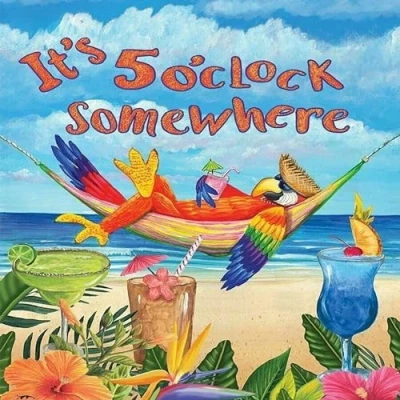 Image of Its 5 O&#039;Clock Somewhere Parrot Hammock Colourful Retro Wall Tin Plaque Large Square 20x20cm Pub Shed Bar Man Cave Home Bedroom Office Kitchen Gift Metal Sign
