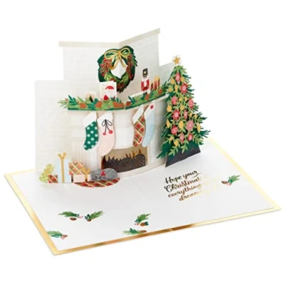 Image of Hallmark Christmas Card, 3D &amp; Pop Up Fireplace Tree, With Gold Foil Details, Pink