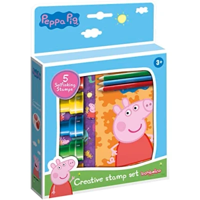 Image of Totum 360242 Set Creative of 5 Self Inking Stamps, Books, 3 Colouring Pencils &amp; Stickers with Peppa Pig Friends Designs, Yellow, Green, Red, Blue, Medium