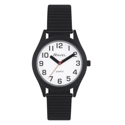 Image of Ravel Unisex Super Bold Sight Aid Watch with Big Numbers on Stainless Steel Expander Bracelet Analogue Quartz R0225.13.1 Black/White Dial