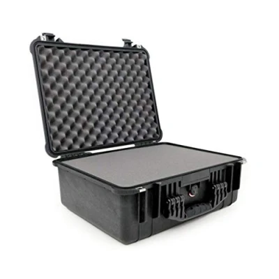Image of PELI 1550 Professional Protective Case for Fragile Equipment, IP67 Water Resistant, 61L Capacity, Made in Germany, With Customisable Foam Insert, Black