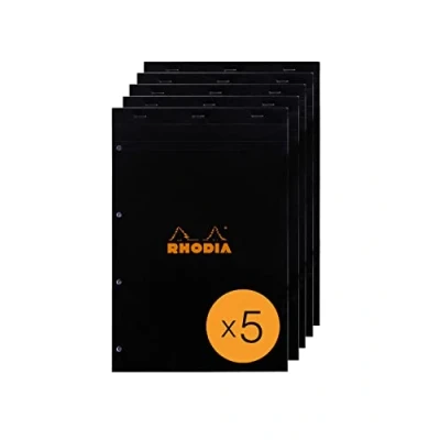 Image of RHODIA 202009C Stapled Notepad N20 Black A4+ Small Squares 80 Detachable Sheets 4 Hole Punched White Clairefontaine Paper g/m² Pack of 5 pads