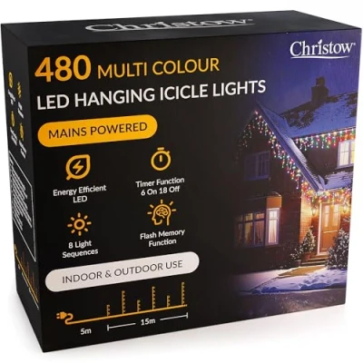 Image of CHRISTOW Hanging Icicle Christmas Lights, 480 Multi Coloured LED, 15m Lit Length, Indoor &amp; Outdoor, Mains Powered with Timer, 8 Flash Lighting Modes Memory, Fairy String Light Xmas Decorations