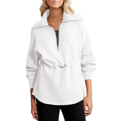 Image of BTFONIA Womens Oversized Sweatshirts Half Zip Drawstring Waist Long Sleeve Side Slits Casual Pullover Sweatshirt Tops(White,L)
