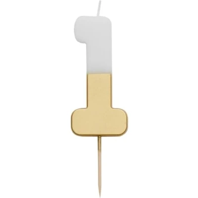 Image of Talking Tables White and Gold Number 1 Candle Premium Quality Cake Topper Decoration for Kids, Adults, Teenagers, 1st Birthday Party, 18th, 21st, Anniversary, Milestone, GoldCandle1