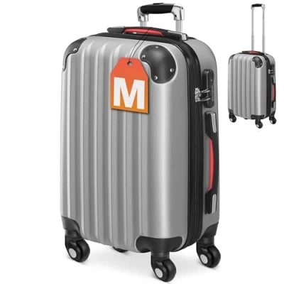 Image of Monzana® Baseline Hard Shell Suitcase Medium Hand Luggage ABS Case Housing 4X Rubberised 360 Spinner Wheels Telescopic Handle Secure Combination Lock Hardcase Hardshell Trolley Silver