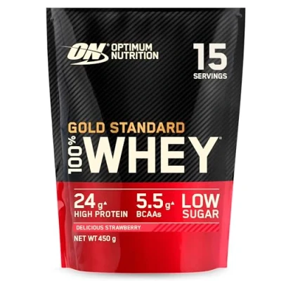 Image of Optimum Nutrition Gold Standard 100% Whey Muscle Building and Recovery Protein Powder With Naturally Occurring Glutamine BCAA Amino Acids, Delicious Strawberry Flavour, 15 Servings, 450 g