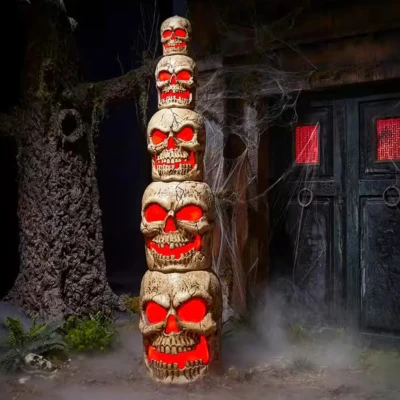 Image of Home Accents Holiday 8ft Giant Sized Halloween Skull Stack with Red LEDs