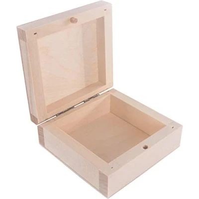 Image of Small Square Decorative Wooden Box with Lid &amp; Bolt Closure 8.5 x 3.7 cm Jewellery Earring Trinket Keepsake Storage Unpainted Untreated Plain Lindenwood
