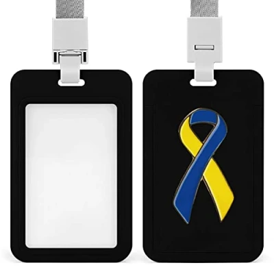 Image of Downs Syndrome Ribbon Badge Holder Plastic Vertical Name Tag ID Card Holders with Detachable Neck Lanyard