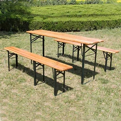 Image of BIRCHTREE Outdoor Wood Wooden Vintage Folding Beer Table Bench Set Trestle Party Picnic Pub Garden Furniture Steel Leg