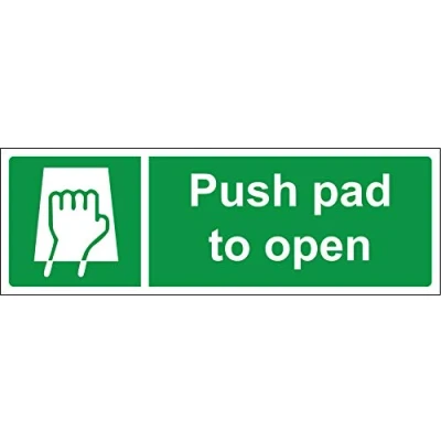 Image of Push pad to open emergency Safety sign Self adhesive sticker 300mm x 100mm