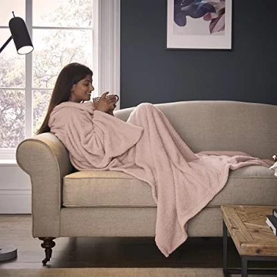 Image of Silentnight Snugsie Wearable blanket Soft Teddy Fleece with Sleeves 2 in 1 Sleeved and Cushion Supersized Foot Pocket , 153 x 203cm