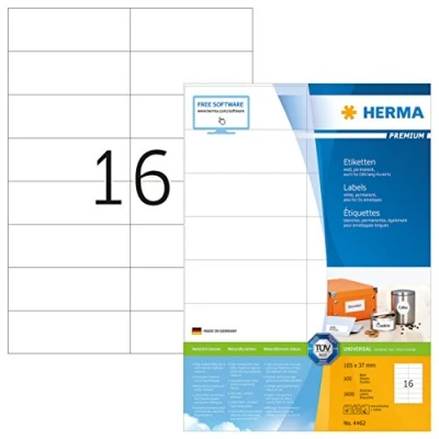 Image of HERMA Self Adhesive Address Labels, 16 Labels per A4 Sheet, 100 Sheets, 105 x 37 mm, 1600 Blank Mailing Stickers, Sticky for Laser &amp; Inkjet Printer, White