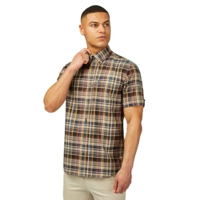 Image of Ben Sherman Big Size Gradient Check Short Sleeve Shirt for Men in Sea, 3XL