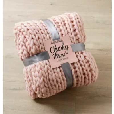 Image of INSAFIANS Chunky Knitted Wooly Cable Hand Knit Blanket Sofa/Bed Throw 120x150cm (Pink)