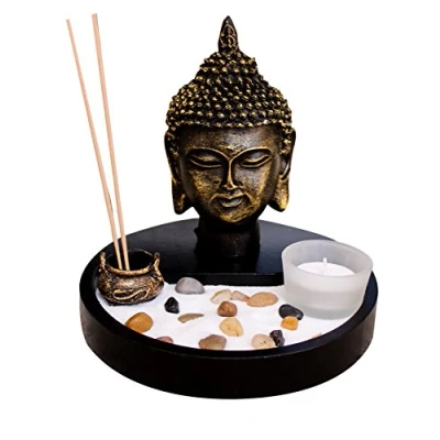 Image of Zen Garden Deluxe Desk Meditation Includes Large Buddha Head Statue, Incense and Holder, Sand, Rocks, Tea Light Holder (Candles Not Included)