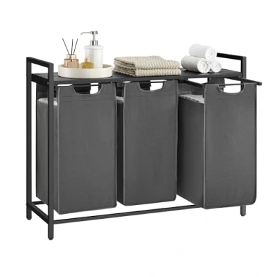 Image of VASAGLE Laundry Basket, 3 Compartment Hamper, Pull Out and Removable Bags, Sorter, Shelf, Metal Frame, x 38L, 92.5 33 72 cm, Black Grey BLH301G01