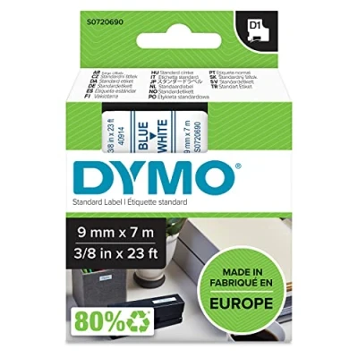 Image of DYMO Authentic D1 Labels Blue Print on White Tape 9 mm x 7 m Self Adhesive for LabelManager Label Makers Made in Europe