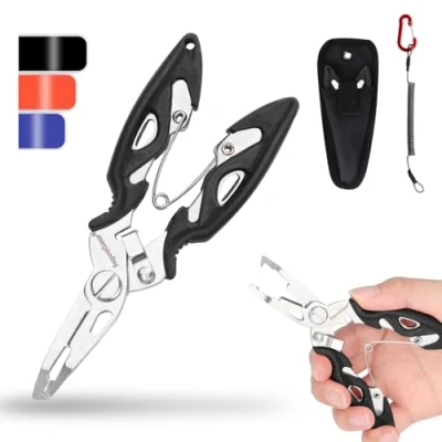 Image of supregear Mini Fishing Pliers, Multi Function Stainless Steel Tools with Split Ring Opener, Fish Hook Remover, Line Cutter, Sheath, Lanyard, Saltwater Resistant Gear Accessories, Black