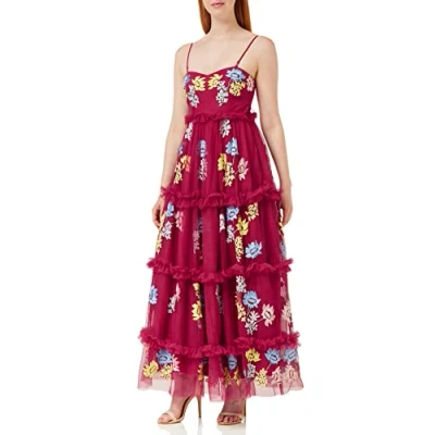 Image of Maya Deluxe Womens Midi Dress Ladies Sleeveless Embroidered Frilly Ruffle for Wedding Guest Bridesmaid Prom Ball Occasion Wine Size 14 UK