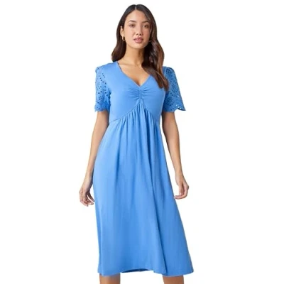 Image of Roman Originals Cotton Broderie Sleeve Midi Dress for Women UK Ladies Everyday Holiday Spring Summer V Neckline Comfy Soft Evening Vacation Work Party Light Blue Size 10
