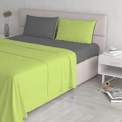 Image of Italian Bed Linen Natural Color Set (Flat 250x300, Fitted Sheet 170x200cm+2 Pillowcases 52x82cm), Petrol Bottle Green, Acid Smoke, DOUBLE