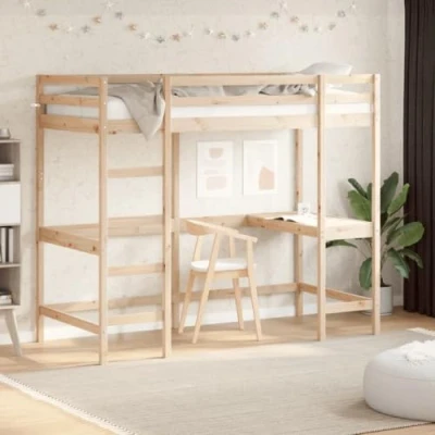 Image of vidaXL Loft Bed Frame with Desk Kids Bunk 90x200 cm, Solid Wood Pine, Rustic Charm, Space Saving