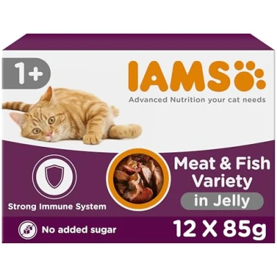 Image of IAMS Delights Complete Wet Cat Food for Adult 1+ Cats Meat and Fish Variety in Jelly Multipack 12 x 85 g Pouches