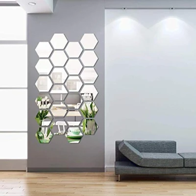 Image of Gemini_mall Removable Acrylic Mirror Setting Wall Sticker Decal for Home Living Room Bedroom Decor Silver Hexagon 12 Pieces