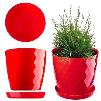 Image of KADAX Plastic Flower Pot, Durable Plant Pot with Saucer for Houseplants, Decorative Planter in Several Colours Indoor Use (Red, 20 cm)