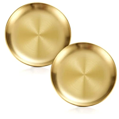 Image of Betinyar 2 Pieces 6.7 Inch Stainless Steel Plates, Round Metal Dinner Dishes for Dinner, Camping, Outdoor (Gold, 17cm)
