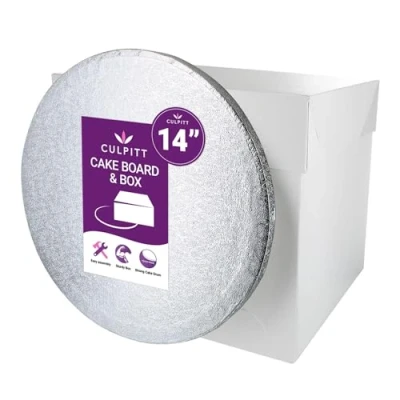 Image of Culpitt 14&quot; Round Silver Cake Drum Board &amp; Tall White Box Combo, 14 x 12 Inch Square and Matching Circle Set For Tiered or Decorated Transport