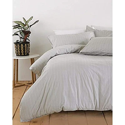 Image of Riva Paoletti Linear Single Duvet Cover Set Grey and White Minimalist Pinstripe Design 1 x Pillowcase Included 100% Washed Cotton Machine Washable 137 200cm (54&quot; 79&quot; inches)
