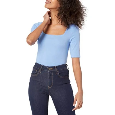 Image of Amazon Essentials Women&#039;s Slim Fit Half Sleeve Square Neck T Shirt, Blue, XS