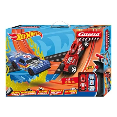 Image of Carrera GO!!! Hot Wheels Race Track with Slot Cars for adults &amp; kids I 6 years and onwards 4.9m length trace tracks licensed Slotcars up to 2 players UK Plugin Edition