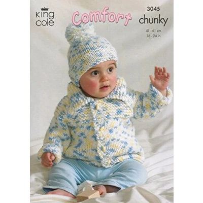 Image of King Cole Baby Jacket, Sweater, Bolero &amp; Hat Comfort Chunky Knitting Pattern 3045